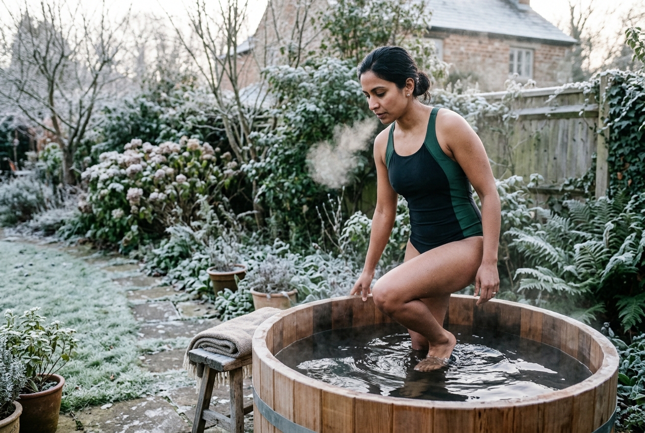 A woman stepping into a cold plunge tub on a frosty UK morning