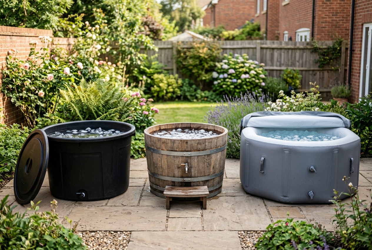 A round hard-shell, a wooden barrel and an inflatable ice bath lined up on a UK garden patio