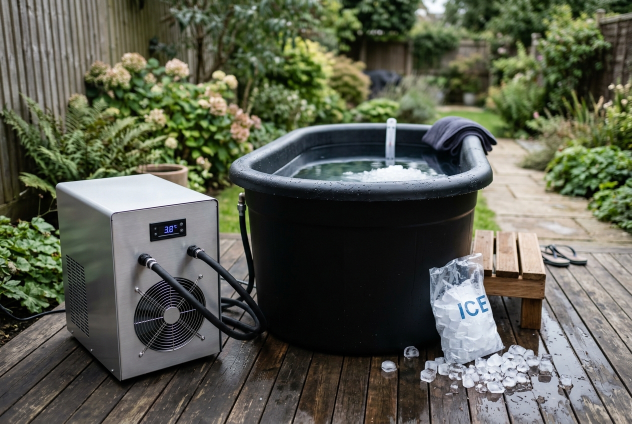 A chiller unit beside a cold plunge tub next to a bag of melting ice cubes