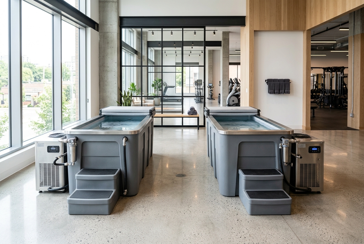 Two commercial ice baths and chiller units in a modern gym recovery zone