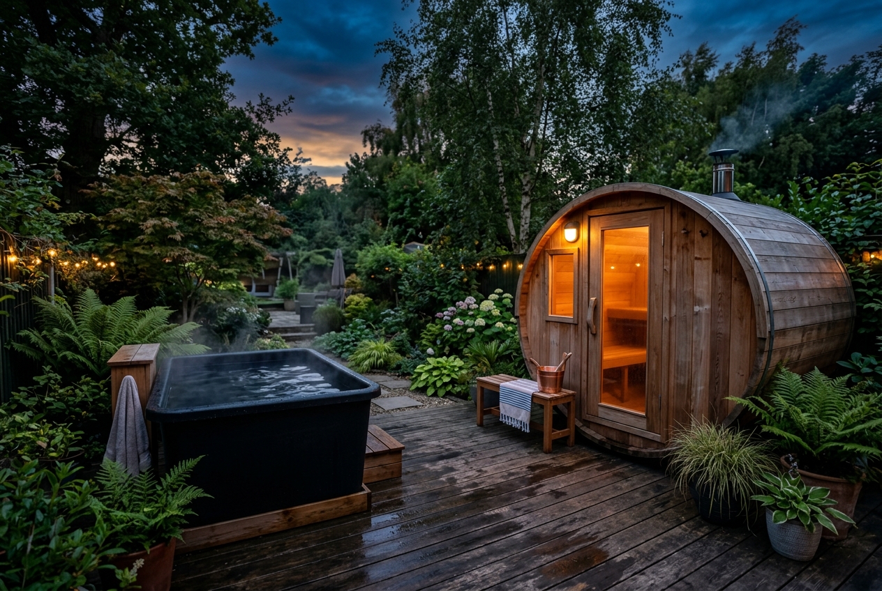 A barrel sauna beside a cold plunge tub on a UK garden terrace
