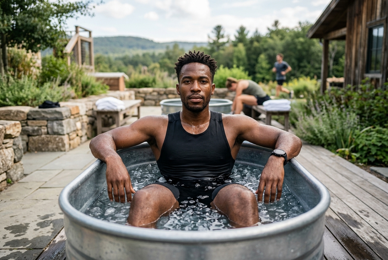 An athlete sitting in an ice bath after training