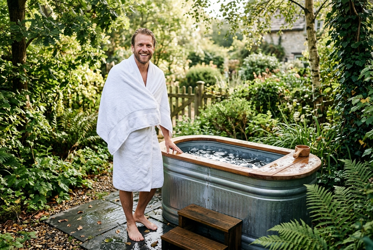 A man wrapped in a towel looking refreshed after a cold plunge in a UK garden