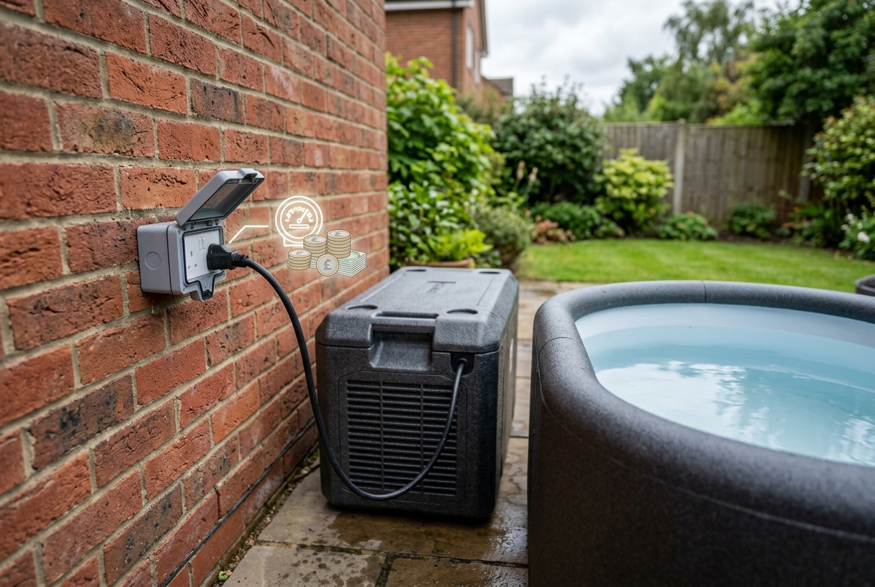 A cold plunge chiller plugged into an outdoor energy socket on a brick wall beside a tub