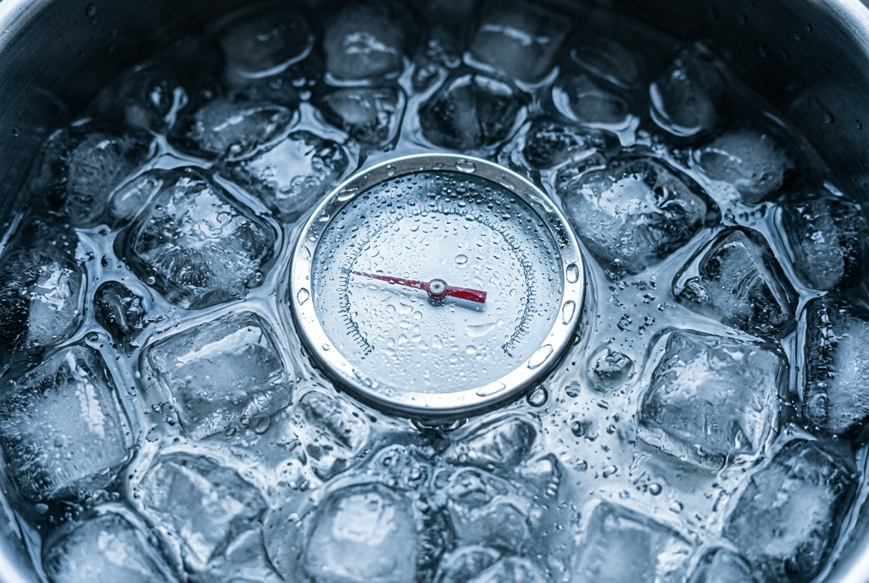A floating thermometer among ice cubes in cold water