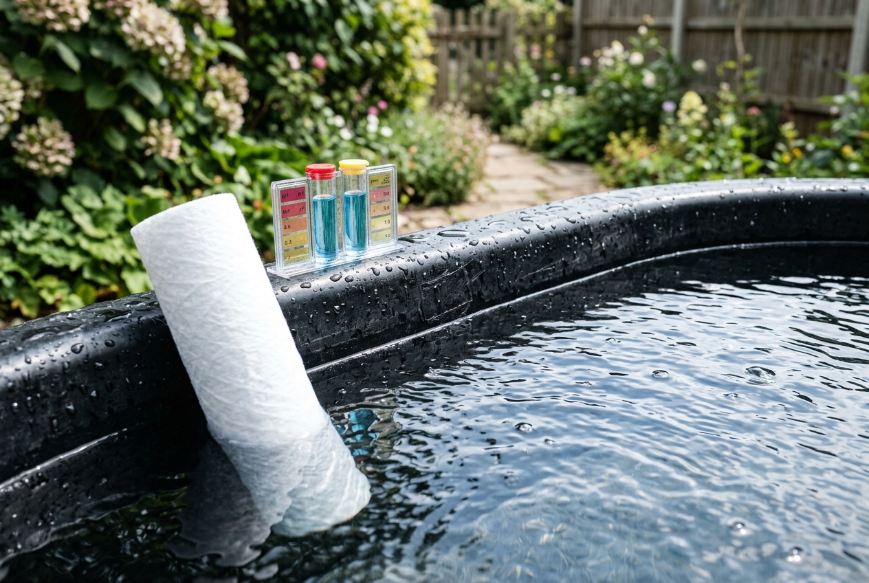 Clear clean water in an ice bath with a filter cartridge and test kit on the rim