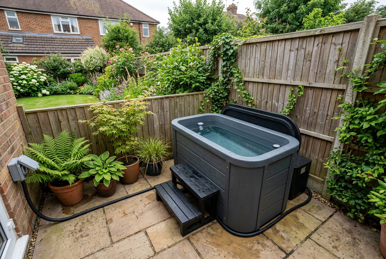 A cold plunge tub positioned in a sheltered corner of a UK garden patio